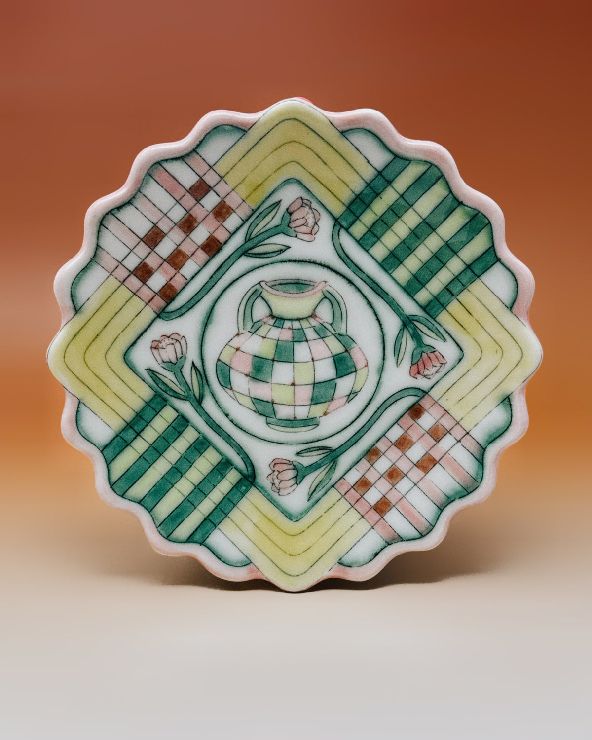 32_Plate with Pottery and Flowers 6.8" diameter