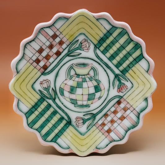 32_Plate with Pottery and Flowers 6.8" diameter