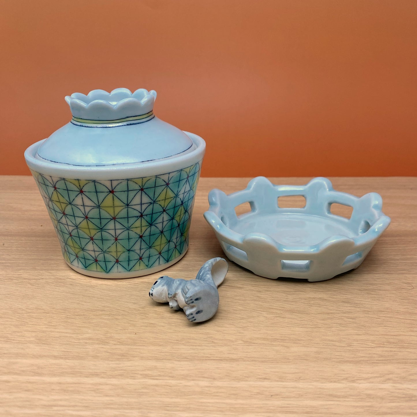 47_Salt Cellar with Squirrel Spoon Blue