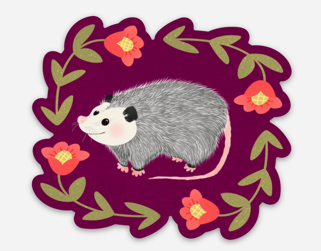 Fridge Magnet: Smiling Opossum with Flowers