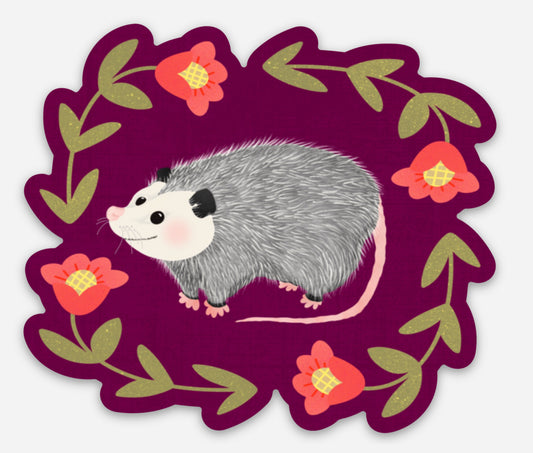 Vinyl Sticker: Smiling Opossum with Flowers