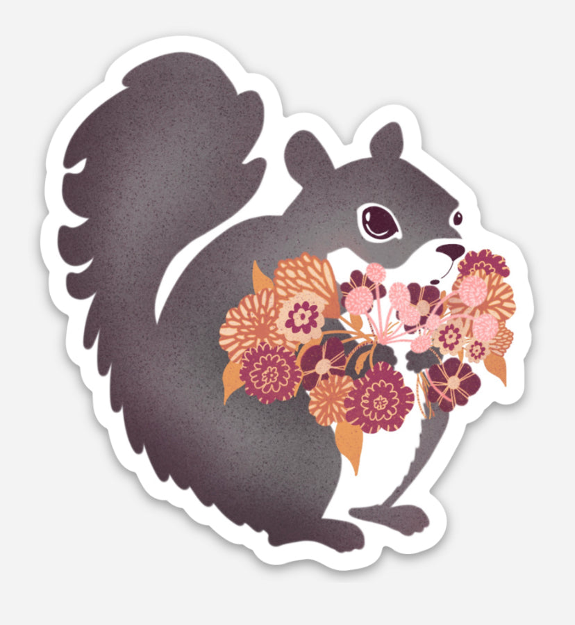 Vinyl Sticker: Grey Squirrel with Flowers